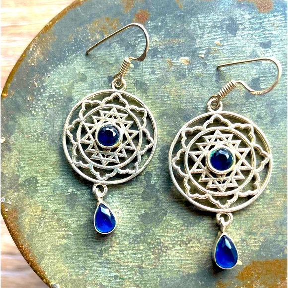 Silver 925 Blue Topaz Spiritual Mandala Dangle Drop 2” Pierced Earrings - Picture 3 of 8